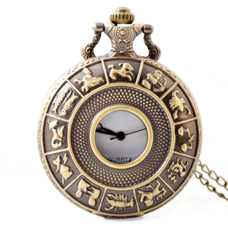 New Vintage Antique 12 Constellations Pendant 12 Zodiacs Pocket Watches for Women Men Quartz Movement Stainless Steel Case Gift