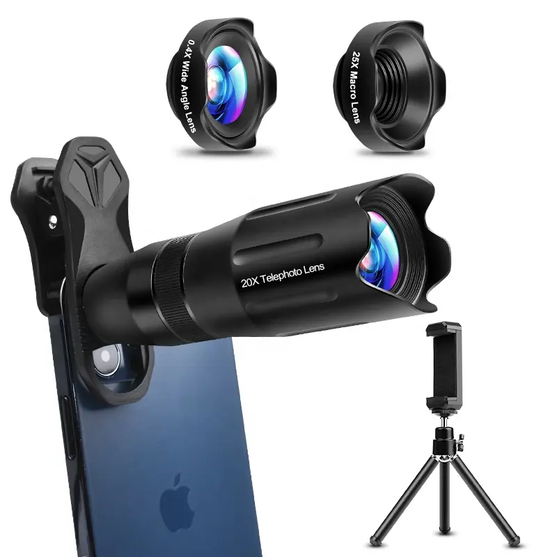 Mountaineering portable mobile lens kit, 3-in-1 telescope telephoto lens and wide-angle macro mobile phone camera lens