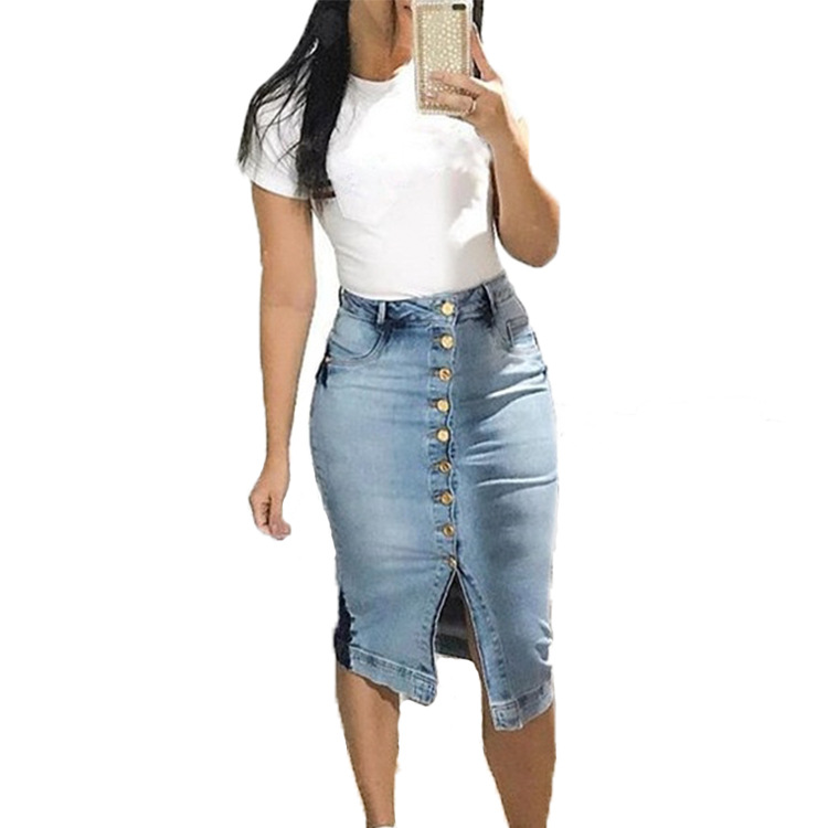 Ladies clothing bag hip sexy high waist fashion button denim skirt With Strings Skinny Jeans