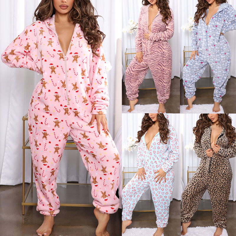 Channel Winter Warm Leopard Plaid Gingerbread Man Print Zip Up One Piece Fleece Women's Fluffy Hooded Christmas onesie Pajamas