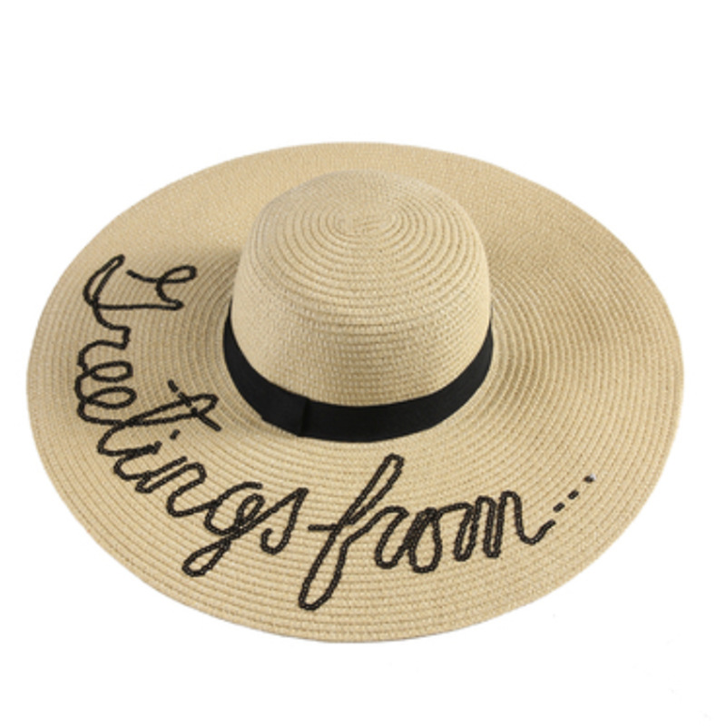 2021 Ladies woven large-brimmed hat folding sunscreen embroidered straw floppy hats