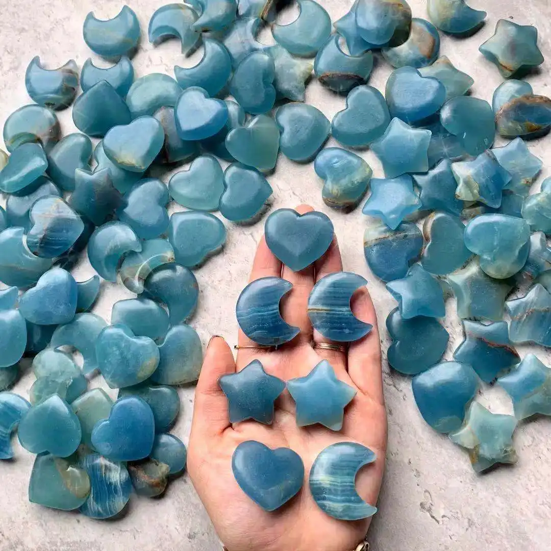Hot Sale High Quality Natural Gemstone Moon Stars Blue Onyx Crystal Caved For Home Decoration
