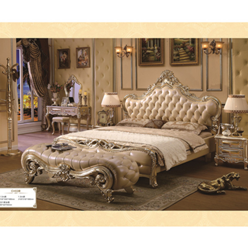 Luxury Bedroom Furniture European Style Royal Classic King Size Leather Beds Wood Bed Frame