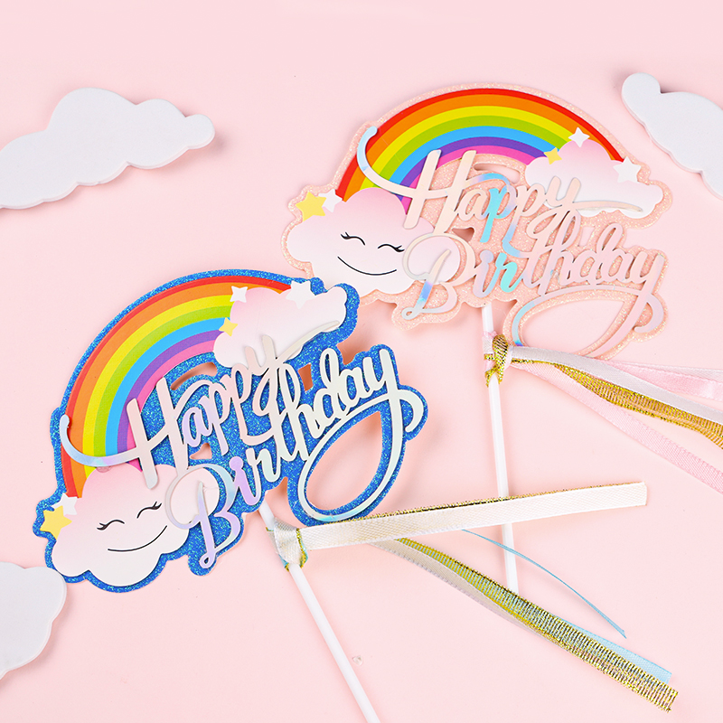 Large Rainbow Baking birthday cake decoration plug-in cloud smiling face Tassel seven-color rainbow card birthday decorations
