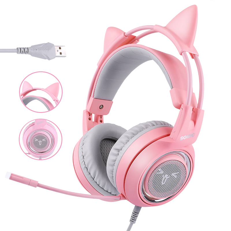 Best Gaming Partner G951 Cute Anime Cat Ears Wired Gaming Headphone Gaming Pink Headset with Microphone