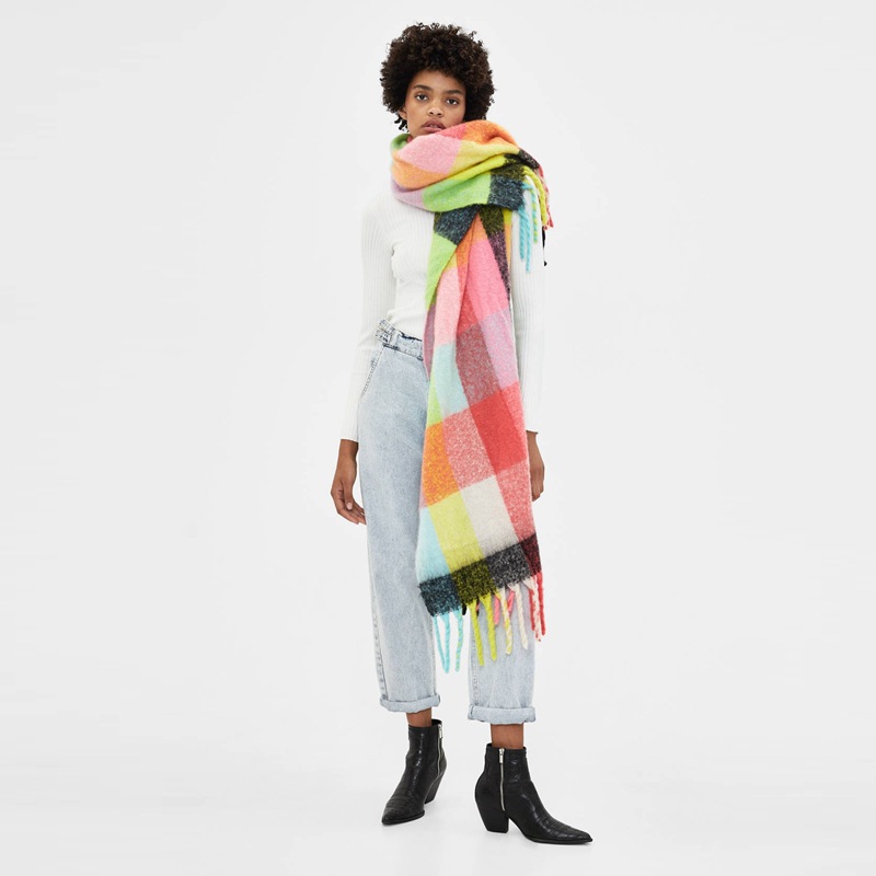 The Same Color Plaid Cashmere Lady Scarf Autumn/Winter Long Rainbow Plaid Shawl Cashmere Scarf