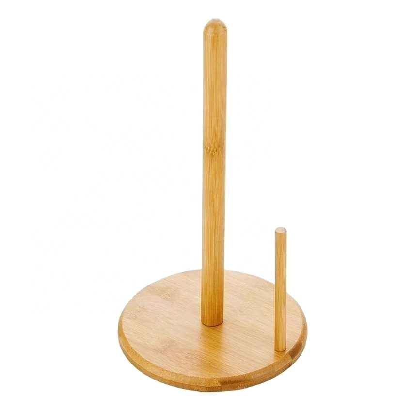 Kitchen Paper Towel Dispenser with Stable Base, Standing Paper Towel Holder, Bamboo Wood One Handed Tear Paper Roll Holder