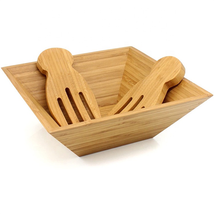 Customized Personalized Large Square Bamboo Salad Mixing Fruit Bowl Set With Serving Hands salad tools