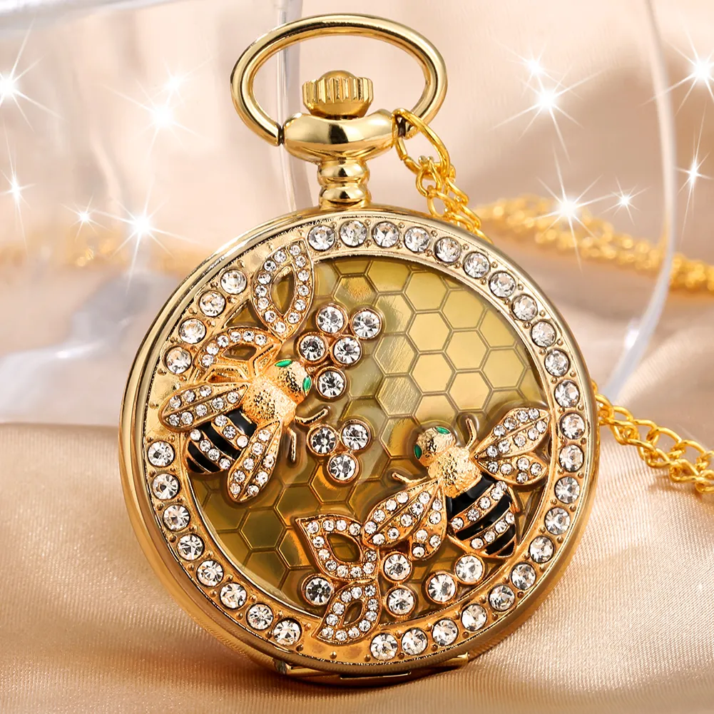 Best Gift Imbue Diamond Golden Steampunk Quartz Watches Clocks 3D Bee Design Necklace Chain Vintage Pocket Watch For Women