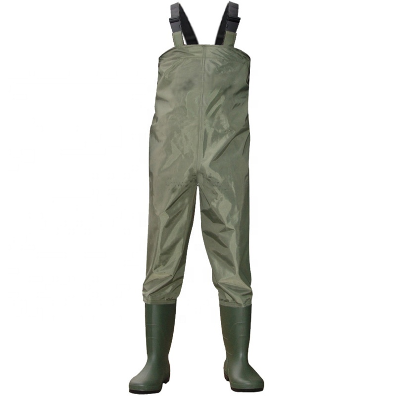 Custom logo water proof anti slip adult polyester PVC men fishing chest waders with PVC work rain boots