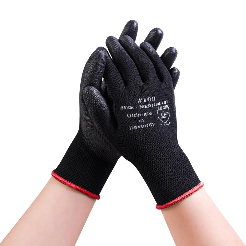 PU Coated Working Gloves с Custom Logo, Machine Knitted, Polyester Shell, Black