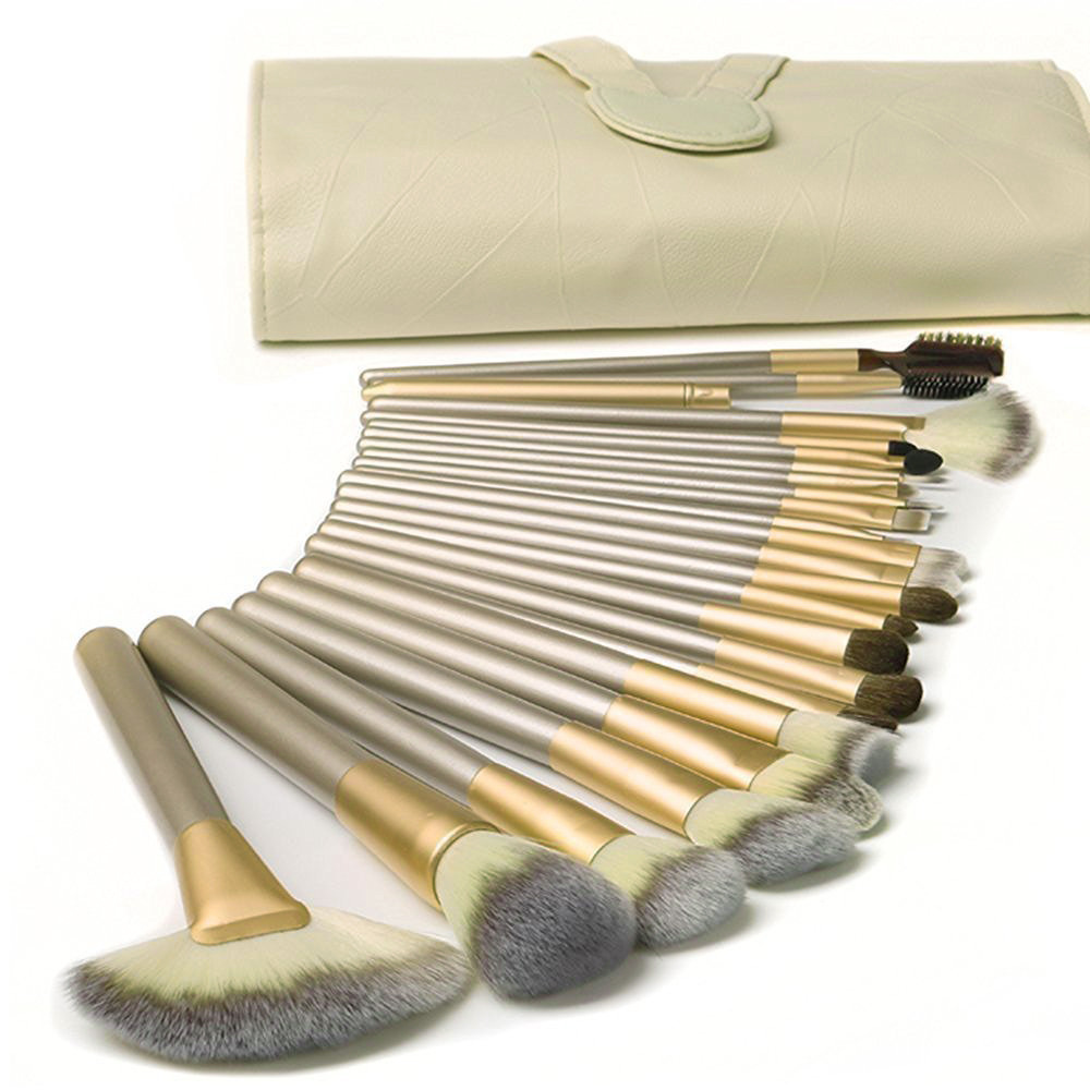 yue wholesale 24 pcs wooden Handle super soft champagne gold eyebrows eye make up Makeup brush set With Gorgeous Bag