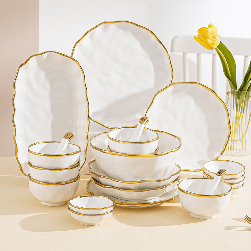 Luxury Porcelain Ceramic Dinnerware Sets White Household Tableware with Bowls and Plates for Home Use