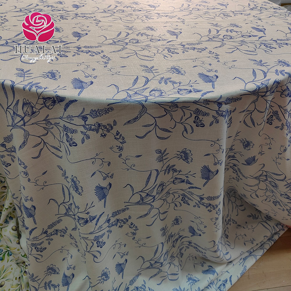 cheap custom printed polyester flower light blue round table cloth for dining table