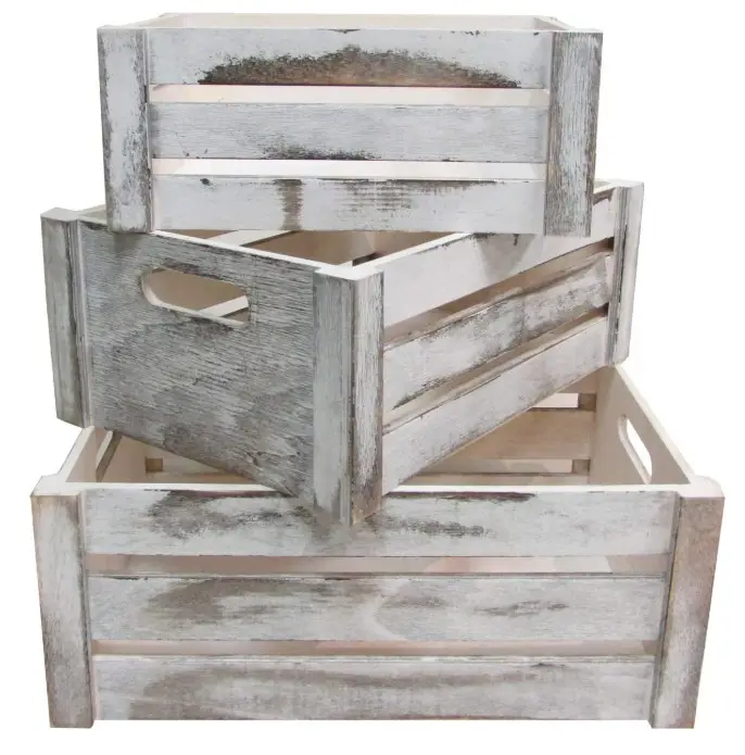 Rustic White Set of 3 Distressed Decorative Wood Crates Storage Container