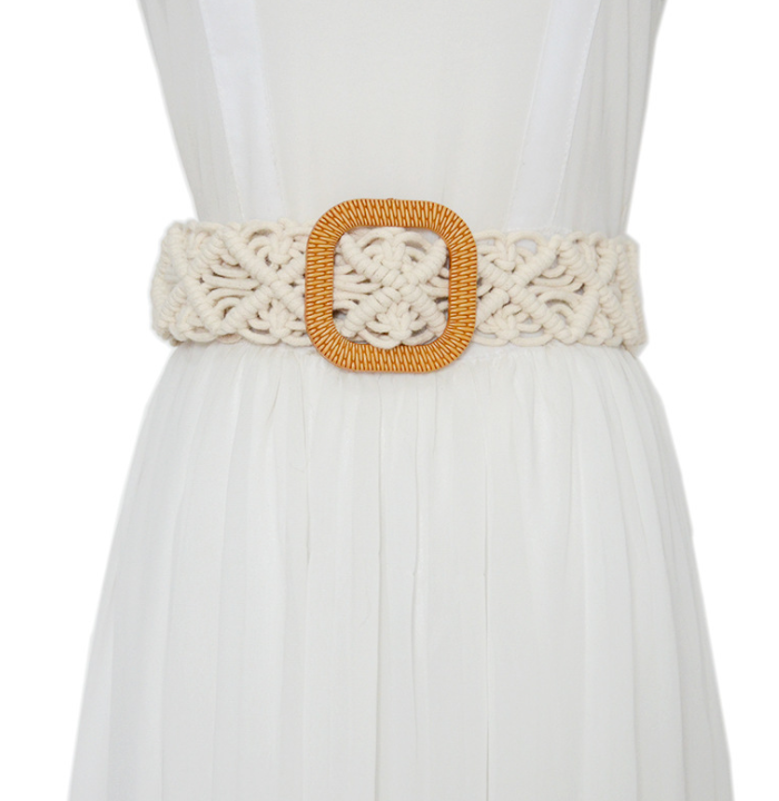 Women's braided belt women's fashion casual cotton thread decoration resin square buckle texture waist seal with coat belt