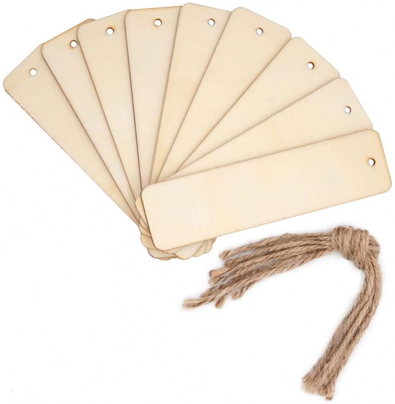 20 Pcs Rectangle Wood Crafts DIY Blank Hanging Gift Tags Jute Rope Ornaments For Party