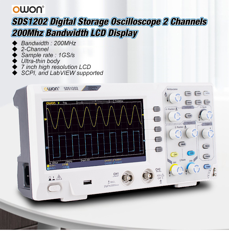 OWON SDS1202 Digital Oscilloscope 2 Channels 200Mhz Bandwidth 7'' Handheld LCD Display Portable USB Oscilloscopes