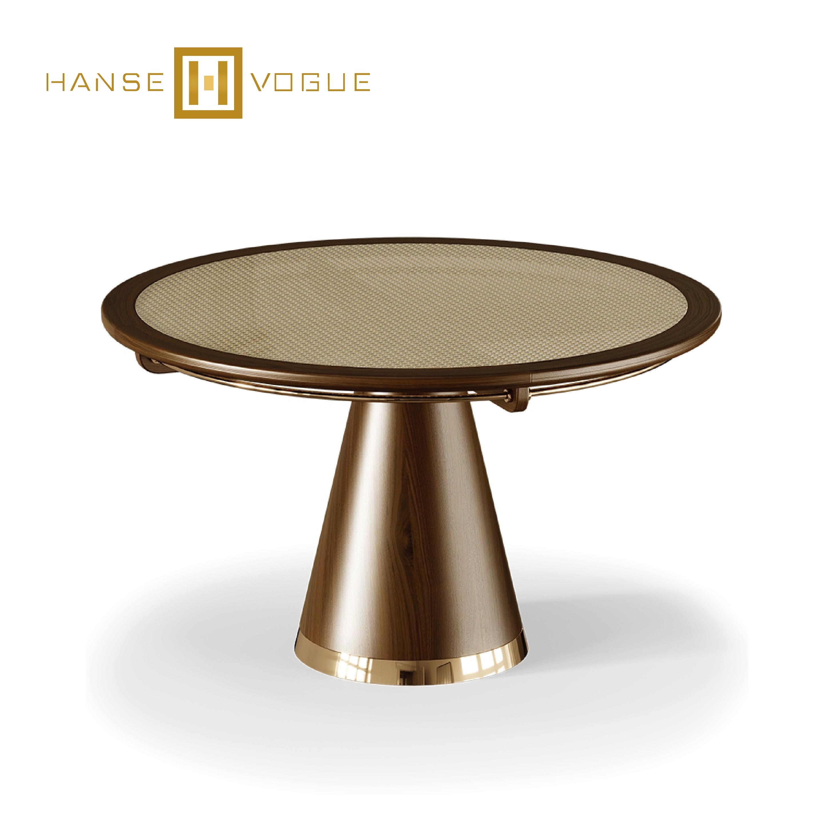 New trend solid wooden base with golden surround rattan woven top dining table hot sale
