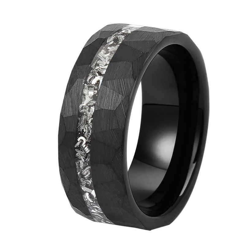 8MM Silvertone Multi-Faceted Brushed Finish Black Flat with Off-Center Men's Tungsten Carbide Ring Hammered Meteorite Band