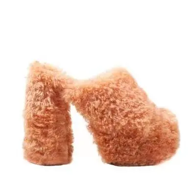 PP1012 block heel soft shearling sole platform fur shoes high heel sandals