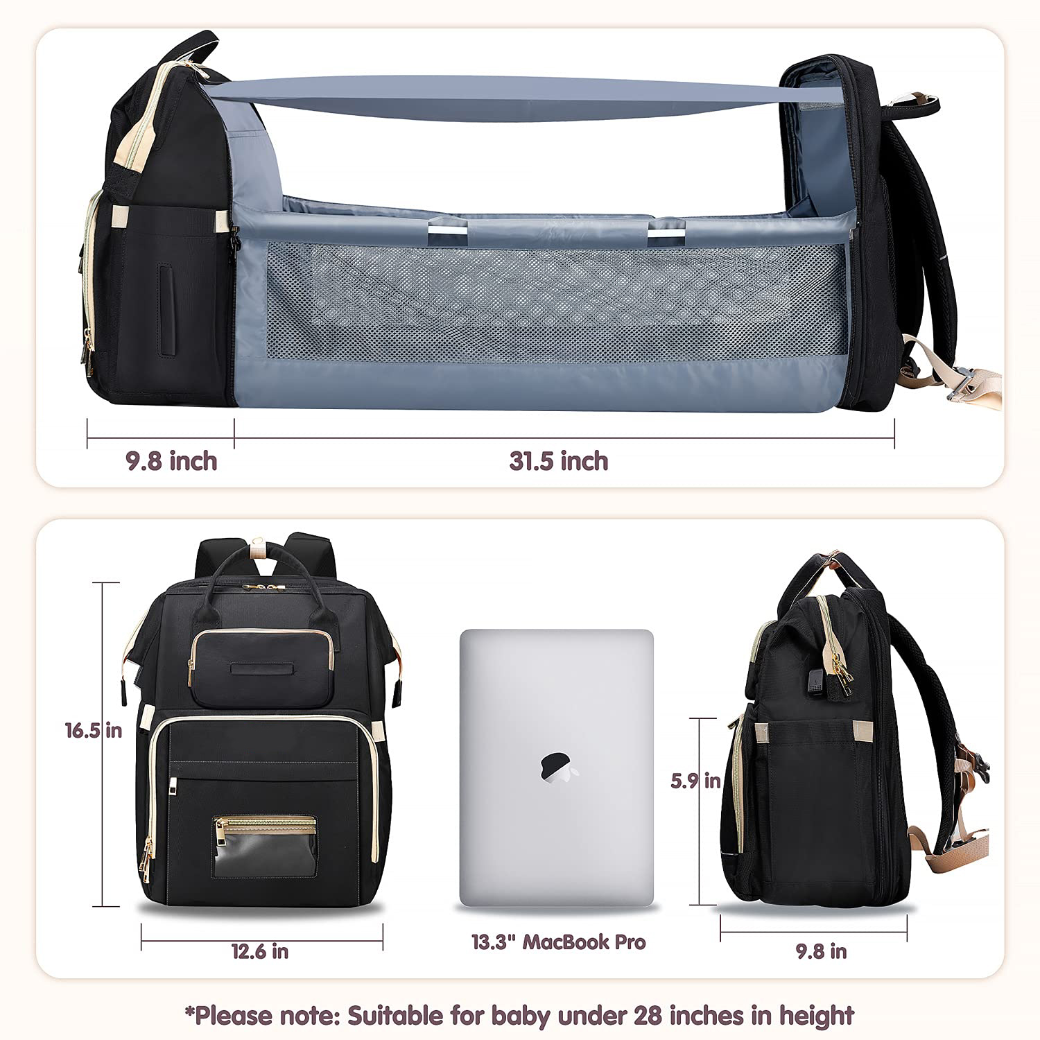 Custom baby mommy bed diaper bag usb charger baby bag backpack 3 in 1 diaper bag backpack with changing station