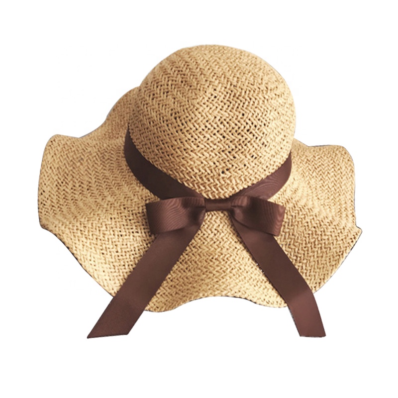 Summer outdoor sunshade beach hat ruffles brim bowknot sun hat wholesale