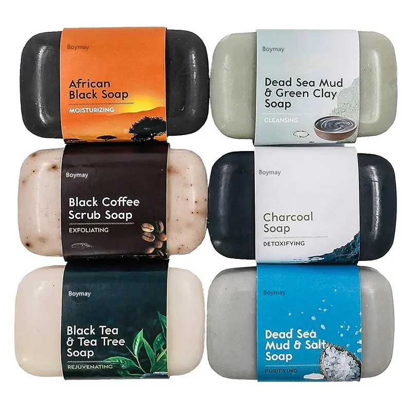 6-Piece Black Bar Soap Collection 100% Natural Organic Luxurious Face Hands Body Soap for Women & Men