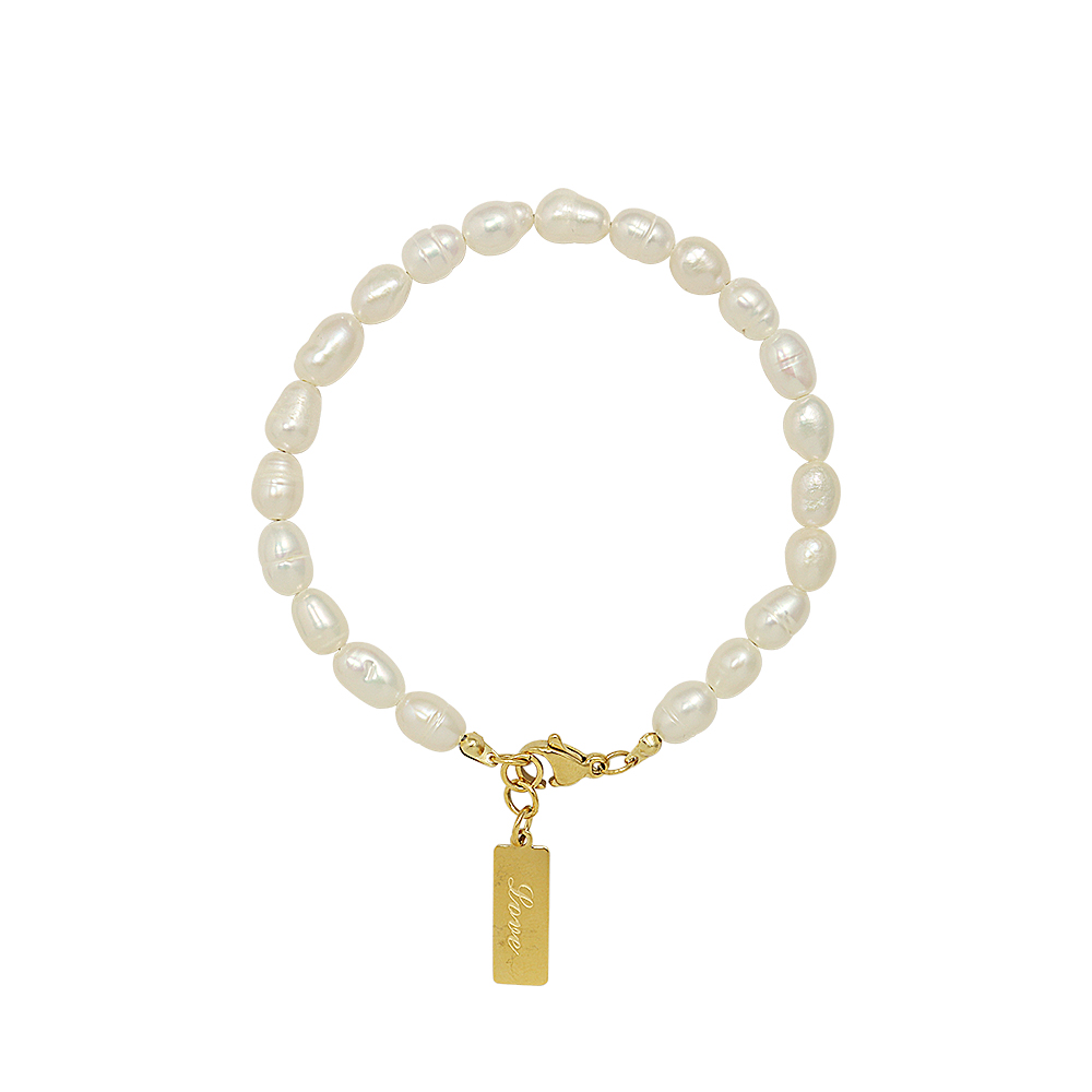 18k Gold Titanium Steel English Square Brand Charm Freshwater Pearl Bracelet