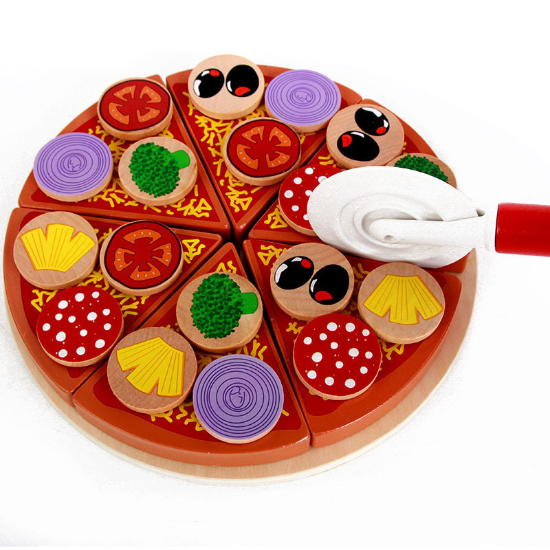 high quality hot selling pretend play wooden pizza set kitchen set toy cutting food