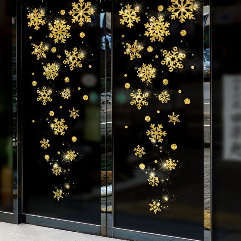 High quality Christmas gold PVC wallpaper window glitter snowflake stickers