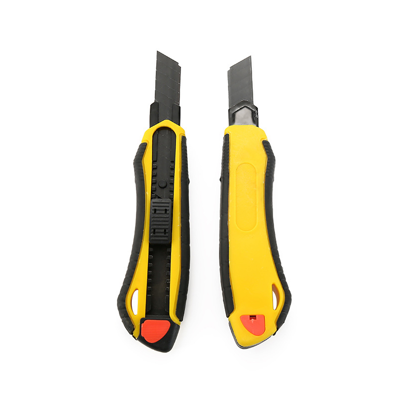 Wholesale auto-locking rubberized non-slip knife holder black and white double blade utility knife
