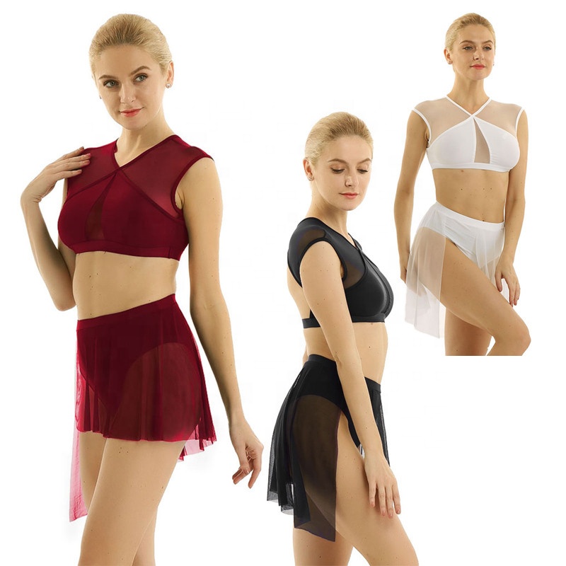 XS-XL 2 шт., женские Асимметричные костюмы для современных танцев, без рукавов, с перекрестной юбкой