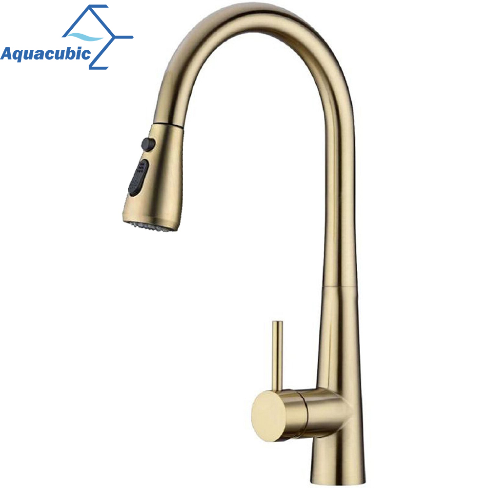 Aquacubic New Arrival Luxury Kitchen Faucet Gold Style Pull Down Waterfall Kitchen Sink Faucet with Sparyer