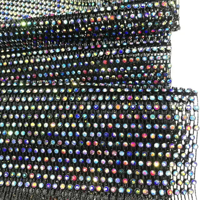 S094 colorful AB rhinestone mesh fabric garment accessories Sparkling Elastic Plastic Rhinestone Mesh Fishnet Crystal Mesh