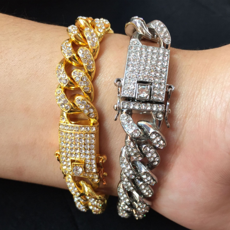 Bincho Amazon Men's Hiphop 12MM Cuban Link Chain Bling Full Diamond Rhinestone Gold Plated Bracelet 21 CM 18.5 CM For Women