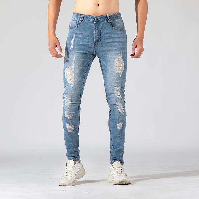 Wholesale custom logo fashion skinny washed denim casual pants slim fit trousers men's ripped jeans