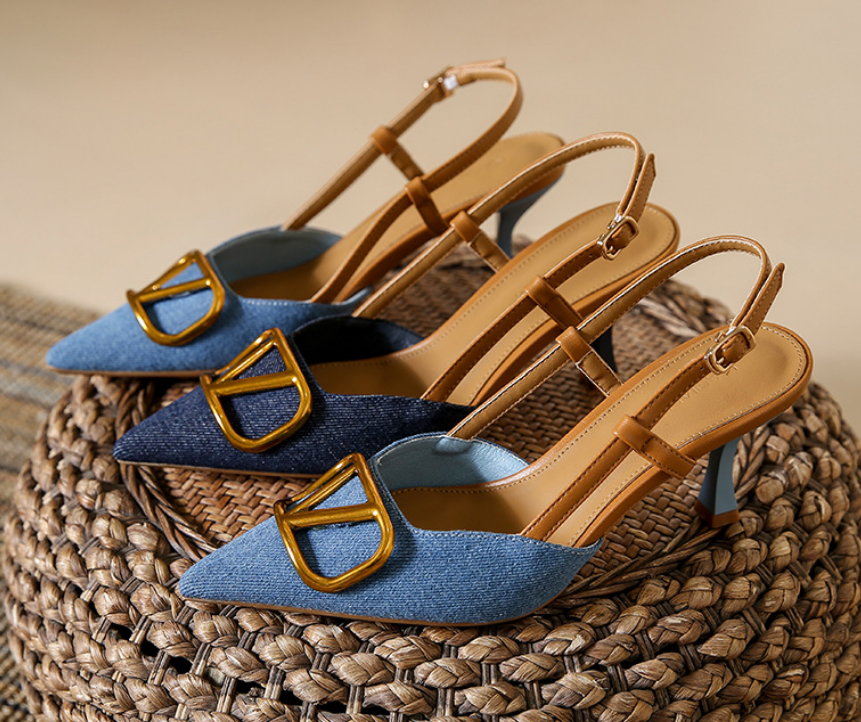 Stylish Women's Point Toe Heel Shoes Hard-Wearing and On-Trend Slip-On Denim Cloth with Heel ladies heel shoes