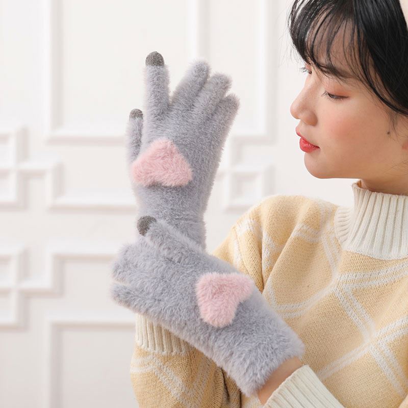 K1173 Women Plush Touch Screen Gloves Heart Accessories Knitting Windproof Gloves Women Girl Winter Warm Touch Screen Gloves