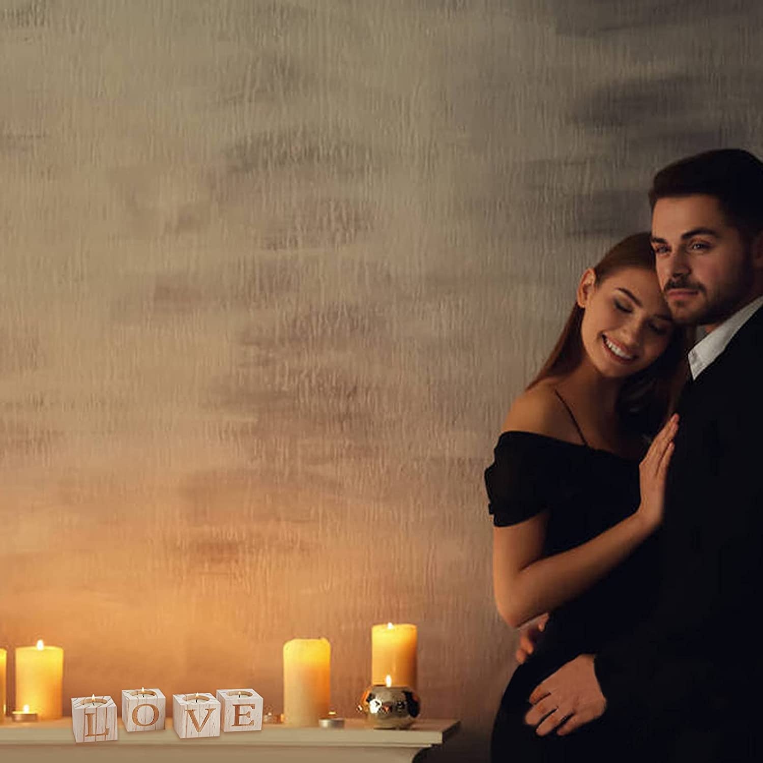 Wood Candle Holder, Candlestick Engraved with Word Love Wooden Candlestick with Candle Wick for Home