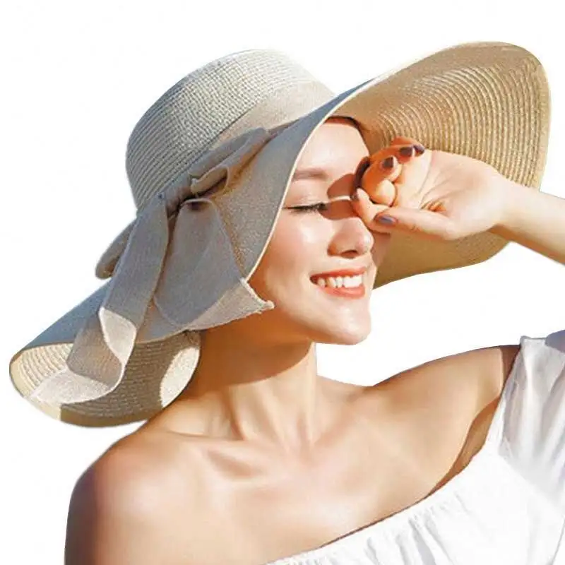 Wholesale Fashion Boho Wide Brim Beach Straw Hat Floppy Visor Hat With Bowknot Women Summer Sun Hats