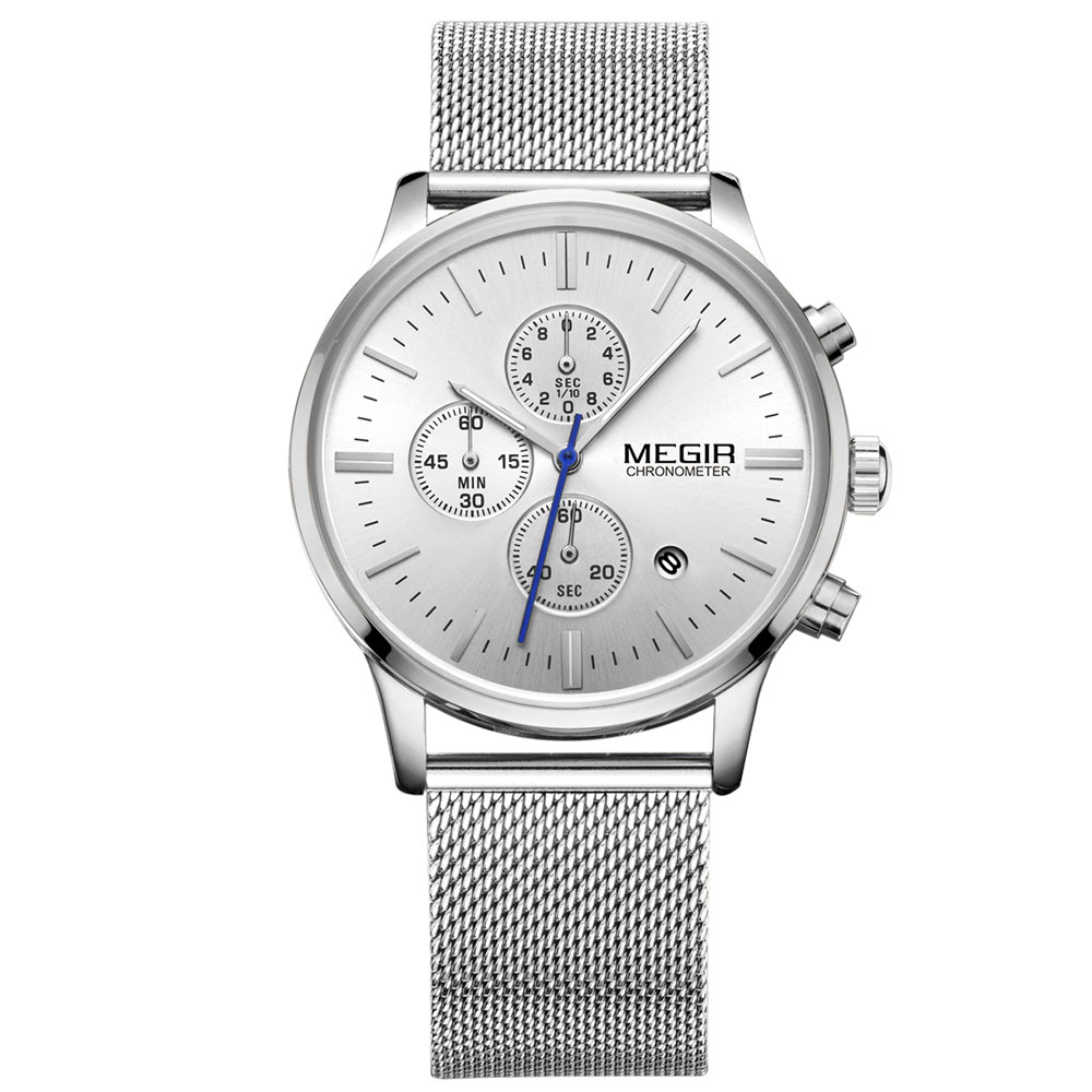 MEGIR 2011 Steel Mesh Band Wristwatch Luxury Big Dial Gold Quartz Watch For Men