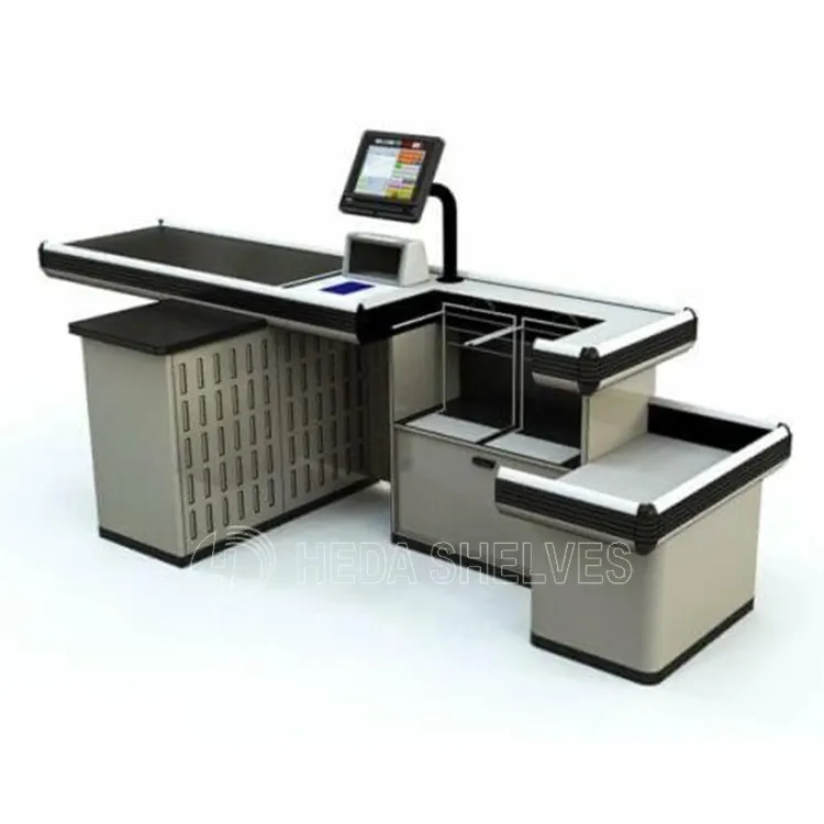 Convenience Store Simple Steel Wood Style Shop Equipment Supermarket Cashier Table Checkout Counter