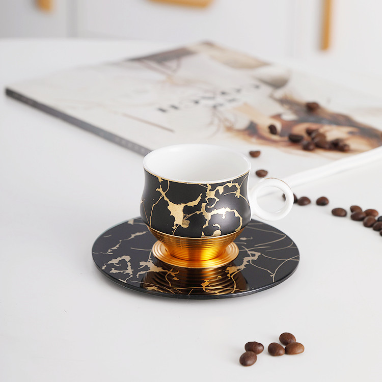 Premium gift european gold marble pattern turkish kahve cups black porcelain tea coffee cup with saucer set