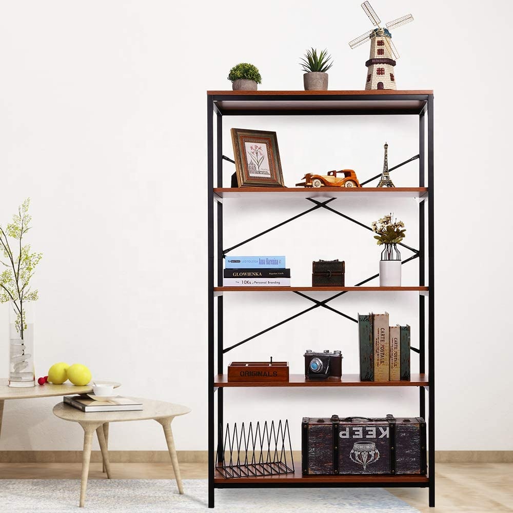 Standing 4-layer bookshelf, bookcase metal and wooden storage shelf, decorative display cabinet for home office