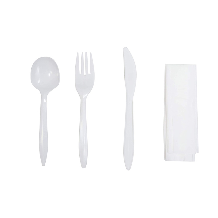 White Plastic Black Spoon Fork Knife Disposable Cutlery With Paper Napkin Set