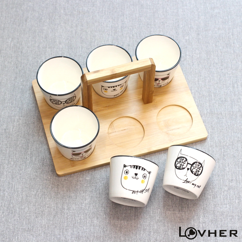 250ml wholesale white small cute ceramic mug without handle animal cat ceramic coffee cups with wooden plate for home office