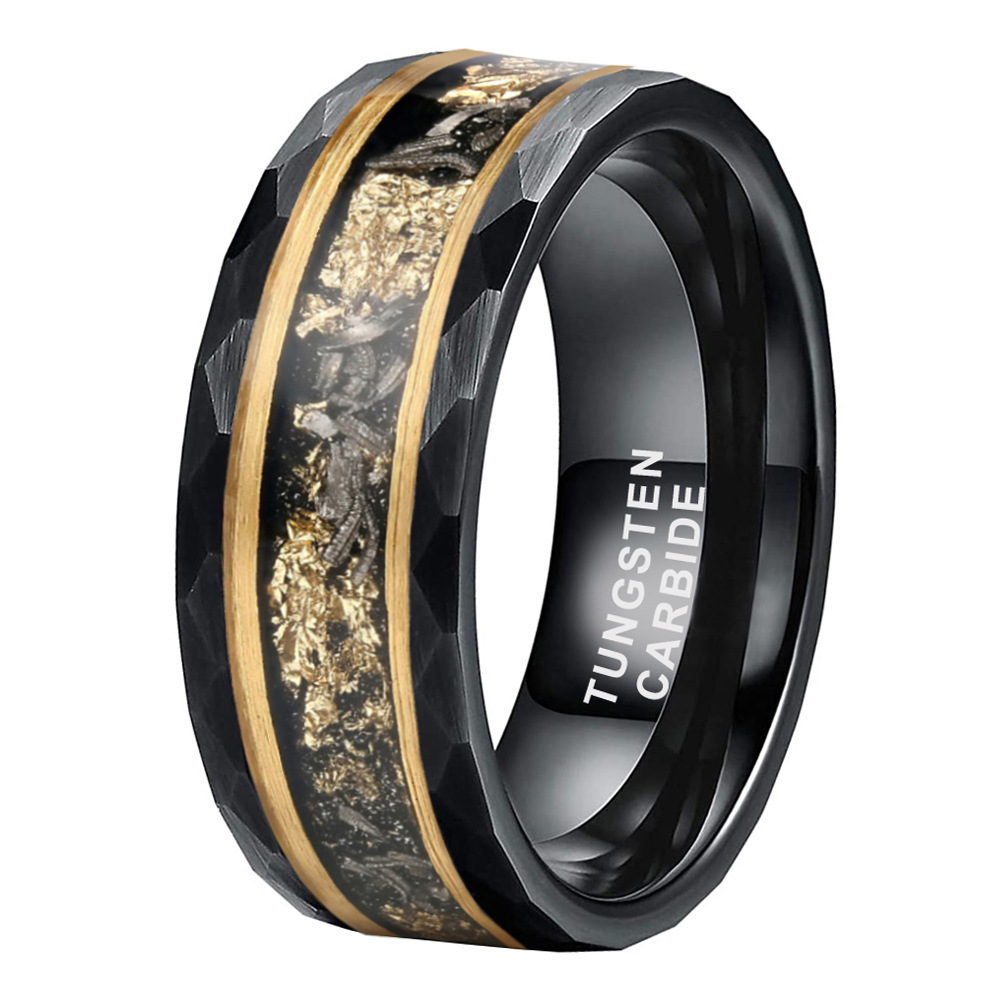 China Wholesale High Polish 8Mm Black Inlay 24K Gold Foil Tungsten Carbide Steel Wedding Band Ring Mens
