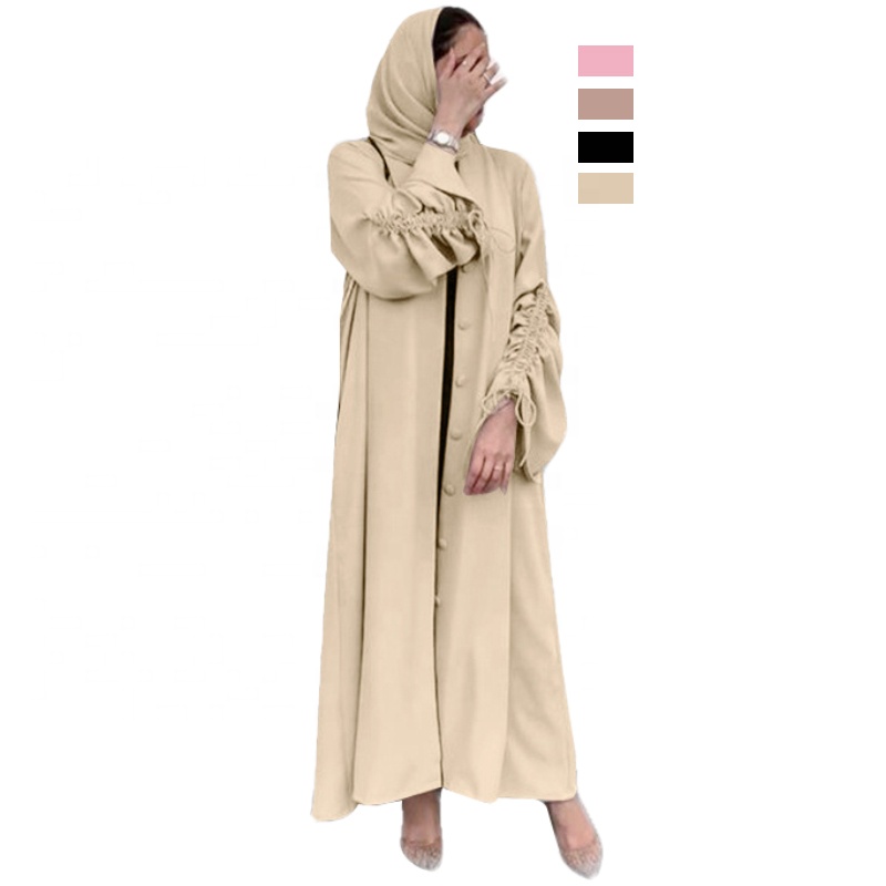 4 Color Islamic Clothing Muslim Ramadan Solid Color Open Buttons Abaya Dress For Women