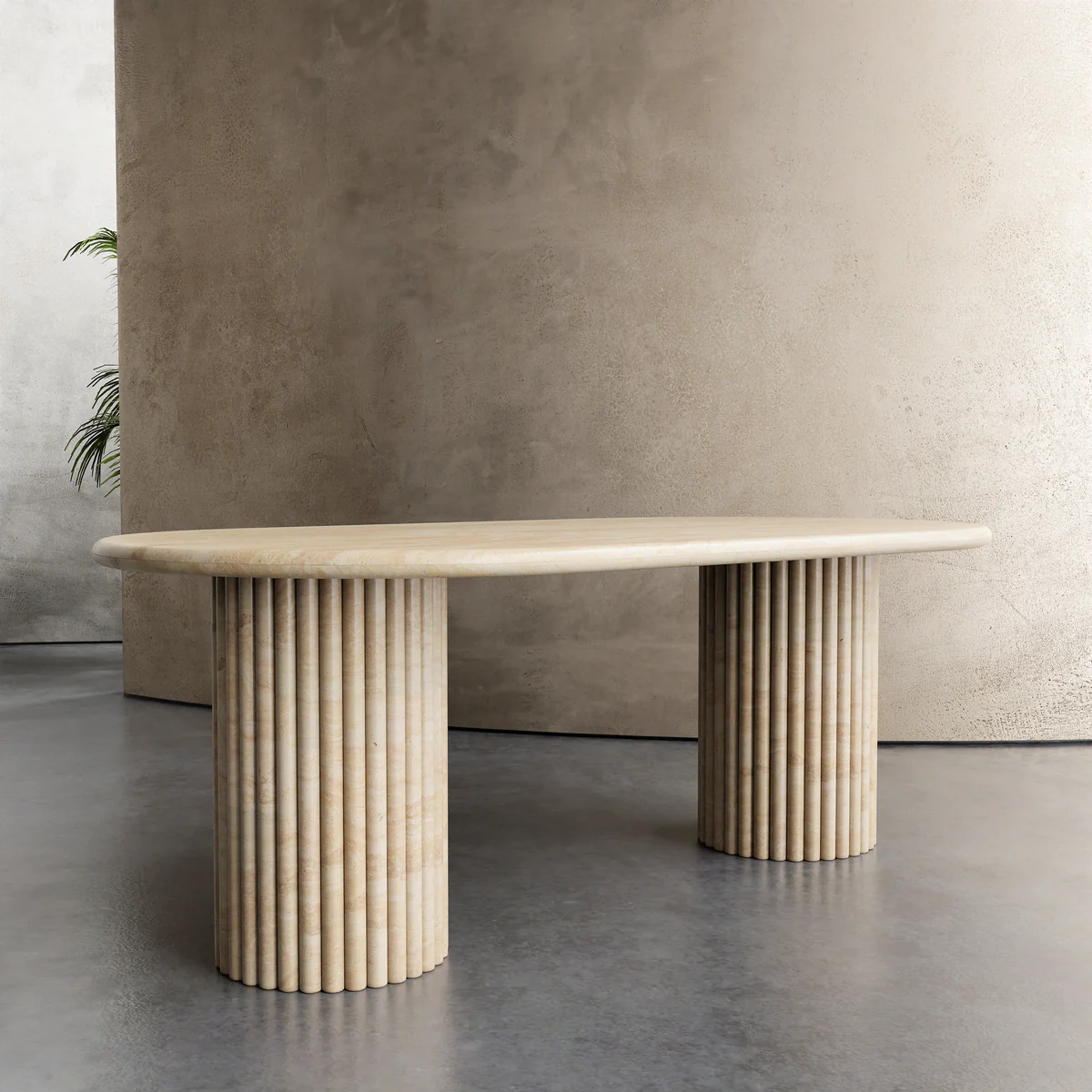 Luxury Customized Natural Beige Travertine Dining Table Stone Furniture Dining Table Fluted Oval Marble Travertine Dining Table